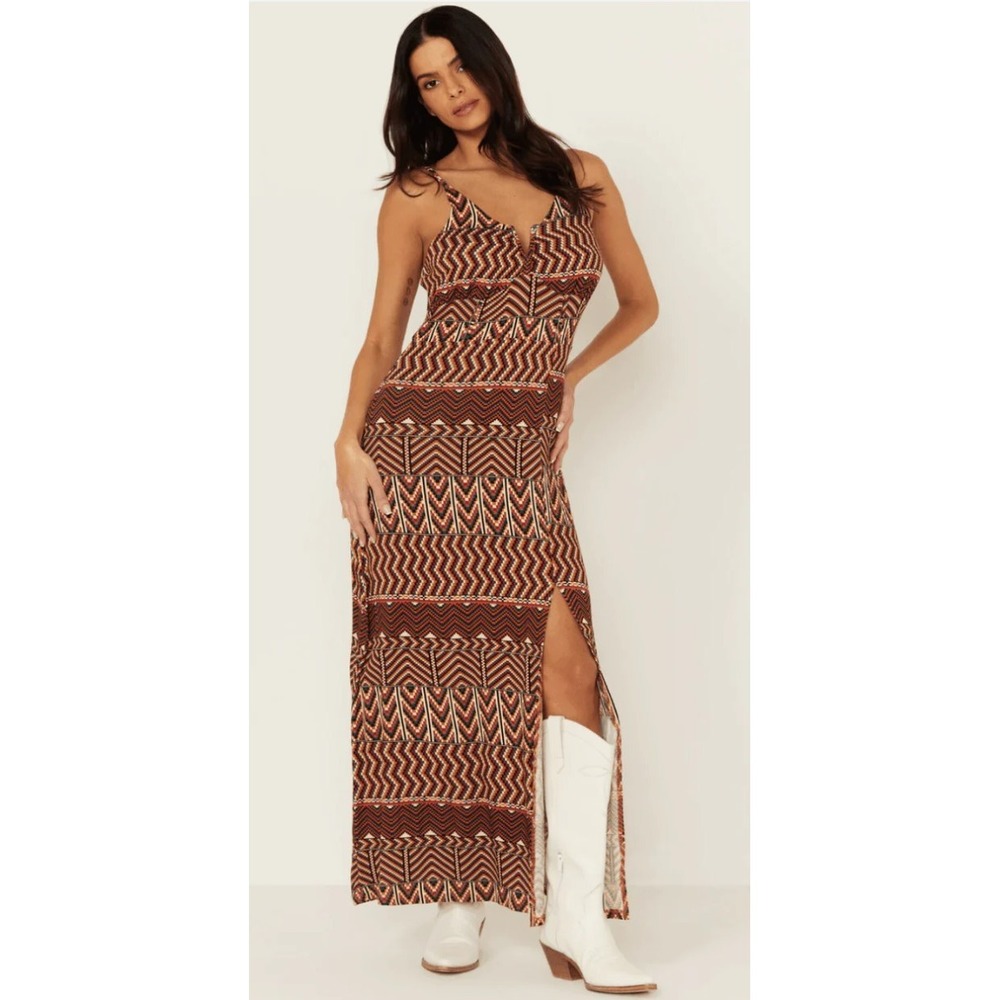 Rock & Roll Denim Womens‎ XXL Rust Geometric Chevron Slit Maxi Dress D5-2639